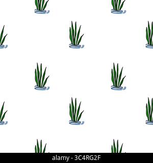 Un motif vectoriel simple mais élégant avec des plantes aquatiques vertes stylisées émergeant de l'eau bleue calme sur un fond blanc propre. Illustration de Vecteur