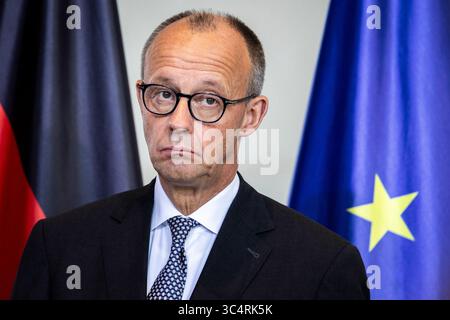 Berlin, Deutschland. 29 juillet 2025. Friedrich Merz (CDU), Chancelier fédéral, photographié lors d'une conférence de presse à la Chancellerie fédérale à Berlin, le 29 juillet 2025. Crédit : dpa/Alamy Live News Banque D'Images