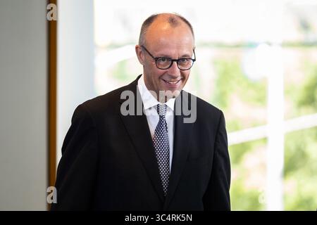 Berlin, Deutschland. 29 juillet 2025. Friedrich Merz (CDU), Chancelier fédéral, photographié lors d'une conférence de presse à la Chancellerie fédérale à Berlin, le 29 juillet 2025. Crédit : dpa/Alamy Live News Banque D'Images