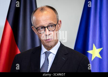 Berlin, Deutschland. 29 juillet 2025. Friedrich Merz (CDU), Chancelier fédéral, photographié lors d'une conférence de presse à la Chancellerie fédérale à Berlin, le 29 juillet 2025. Crédit : dpa/Alamy Live News Banque D'Images