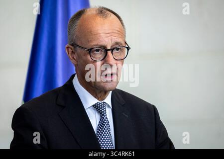 Berlin, Deutschland. 29 juillet 2025. Friedrich Merz (CDU), Chancelier fédéral, photographié lors d'une conférence de presse à la Chancellerie fédérale à Berlin, le 29 juillet 2025. Crédit : dpa/Alamy Live News Banque D'Images