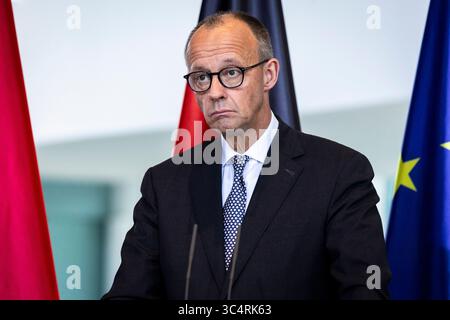 Berlin, Deutschland. 29 juillet 2025. Friedrich Merz (CDU), Chancelier fédéral, photographié lors d'une conférence de presse à la Chancellerie fédérale à Berlin, le 29 juillet 2025. Crédit : dpa/Alamy Live News Banque D'Images