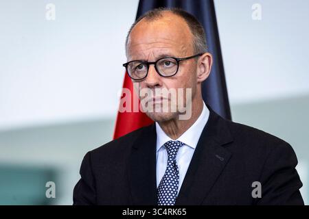 Berlin, Deutschland. 29 juillet 2025. Friedrich Merz (CDU), Chancelier fédéral, photographié lors d'une conférence de presse à la Chancellerie fédérale à Berlin, le 29 juillet 2025. Crédit : dpa/Alamy Live News Banque D'Images