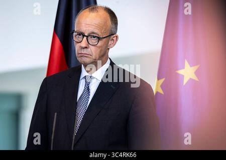 Berlin, Deutschland. 29 juillet 2025. Friedrich Merz (CDU), Chancelier fédéral, photographié lors d'une conférence de presse à la Chancellerie fédérale à Berlin, le 29 juillet 2025. Crédit : dpa/Alamy Live News Banque D'Images