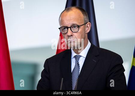 Berlin, Deutschland. 29 juillet 2025. Friedrich Merz (CDU), Chancelier fédéral, photographié lors d'une conférence de presse à la Chancellerie fédérale à Berlin, le 29 juillet 2025. Crédit : dpa/Alamy Live News Banque D'Images