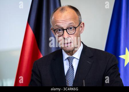 Berlin, Deutschland. 29 juillet 2025. Friedrich Merz (CDU), Chancelier fédéral, photographié lors d'une conférence de presse à la Chancellerie fédérale à Berlin, le 29 juillet 2025. Crédit : dpa/Alamy Live News Banque D'Images