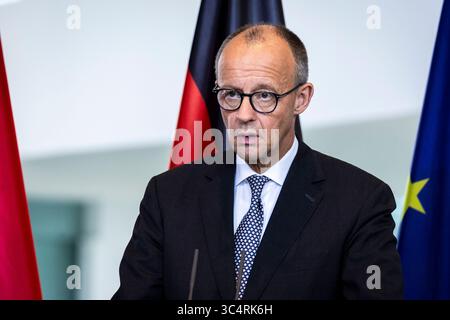 Berlin, Deutschland. 29 juillet 2025. Friedrich Merz (CDU), Chancelier fédéral, photographié lors d'une conférence de presse à la Chancellerie fédérale à Berlin, le 29 juillet 2025. Crédit : dpa/Alamy Live News Banque D'Images