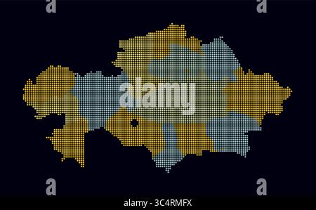 Carte en pointillés du Kazakhstan. Carte de style numérique du pays sur un fond sombre. Forme du Kazakhstan avec des points circulaires. Style de points colorés. Illustration de Vecteur