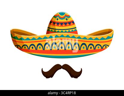 Dessin animé mexicain mariachi sombrero chapeau avec moustaches pour la fête de vacances, icône vectorielle. Culture mexicaine, tradition et art de décoration latino-américaine symbole du sombrero et des moustaches pour le carnaval du Mexique Illustration de Vecteur