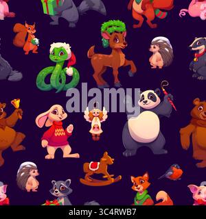 Motif sans couture de personnages animaliers de Noël de dessin animé. Fond de tuile festive de vecteur avec charmant cerf des bois, lapin, panda, renard et écureuil, hérisson, sont blaireaux ornés d'accessoires de vacances Illustration de Vecteur