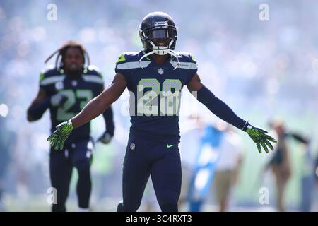 23 septembre 2018 : Justin Coleman (28 ans), cornerback des Seattle Seahawks, s'épuise avant un match entre les Cowboys de Dallas et les Seattle Seahawks au CenturyLink Field à Seattle, WA. Les Seahawks ont battu les cow-boys 24-13. Sean Brown/CSM(image de crédit : &copy ; Sean Brown/CSM via ZUMA Wire) Banque D'Images