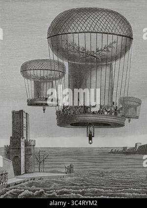 France. La Thilorière, ou descente de ballons militaires en Angleterre. Projet de l'avocat français Jean-Charles Thilorier (1755-1818) pour la construction d'un énorme ballon Montgolfier, capable de transporter 3 000 hommes pour un coût de 300 000 francs. Gravure, 1804. Directoire, Consulat et Empire. Moeurs et usages, lettres, sciences et arts. France, 1795-1815” (Annuaire, Consulat et Empire de France. Coutumes et traditions, lettres, sciences et art. France, 1795-1815), de Paul Lacroix. Publié à Paris, 1884. Banque D'Images