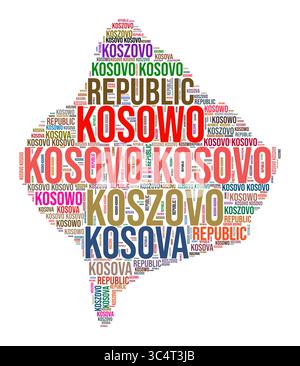 Nuage de mots en forme de pays du Kosovo. Illustration de pays de style typographique. Image Kosovo dans le style nuage de texte. Illustration vectorielle. Illustration de Vecteur