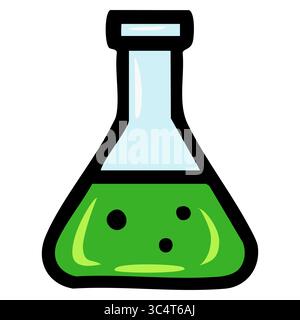 Une illustration vectorielle ludique d'un flacon Erlenmeyer de dessin animé rempli de liquide vert vif, avec un contour noir audacieux et un ombrage subtil pour un W. Illustration de Vecteur
