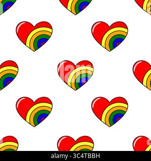 Motif vectoriel sans couture de coeurs rouges vifs avec des rayures arc-en-ciel intégrées, créant un design joyeux et vibrant idéal pour les arrière-plans festifs ou LG Illustration de Vecteur