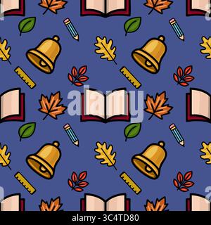 Un charmant motif vectoriel sans couture avec des fournitures scolaires comme une cloche, un crayon, une règle et un livre ouvert, entremêlé de façon ludique de feuilles d'automne sur un Illustration de Vecteur