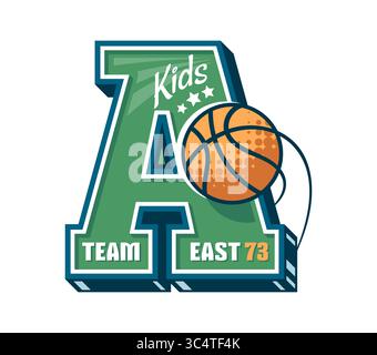 Étiquette de patch sport Varsity pour l'équipe de basket-ball ou la ligue scolaire des enfants, emblème vectoriel. Lettre A avec écusson de sport Varsity avec ballon de basket-ball pour l'équipe de ligue universitaire ou le club de joueurs universitaires et écusson de maillot Illustration de Vecteur
