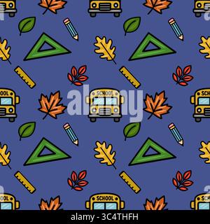 Charmant motif vectoriel sans couture avec un mélange ludique de fournitures scolaires, de feuilles d'automne et un bus scolaire jaune joyeux, parfait pour le retour à SC Illustration de Vecteur