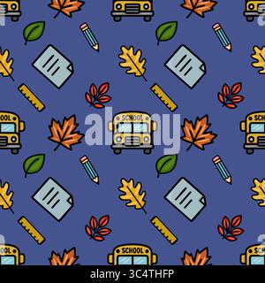 Charmant motif vectoriel sans couture avec un mélange ludique d'icônes sur le thème de l'école et de feuilles d'automne, parfait pour les conceptions de la rentrée des classes ou sur le thème de l'automne Illustration de Vecteur