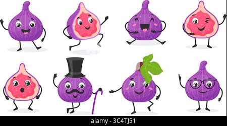 Caractères Fig. Dessin animé figues mascotte mignonne, drôle tropical exotique fruit violet kawaii anime groovy personnage heureux émotions différentes posture fruits d'été, illustration vectorielle soignée illustration originale Illustration de Vecteur