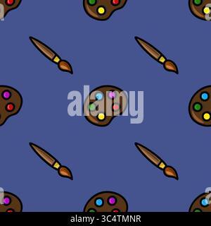 Un motif vectoriel vibrant sans couture avec un arrangement ludique de pinceaux et de palettes avec des gouttes de peinture colorées, mis contre un sophistiqué Illustration de Vecteur