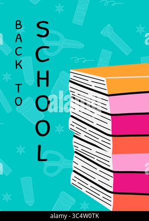 Design coloré de retour à l'école avec des cahiers empilés sur fond sarcelle. Affiche éducative pour l'école comportant des livres Illustration de Vecteur