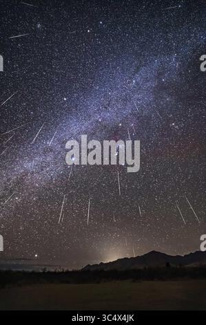 14 décembre 2017 - Arizona, États-Unis - Un composite de la pluie de météores 2017 Geminid, de la nuit de pointe du 13 décembre, avec le radiant dans Gemini, au sommet, haut au-dessus. Donc les météores semblent pleuvoir jusqu'à l'horizon. C'était certainement l'impression visuelle... au moins un météore, à gauche, n'est pas un Géminide, car il ne pointe pas vers le radiant. ..la voie Lactée traverse le cadre en diagonale, de Puppis en bas à gauche, à Auriga en haut à droite. Orion est au centre. Gemini est au sommet. ..il s'agit d'une pile de 24 images, certaines avec 2 ou 3 météores par image, chacune d'une exposition de 30 secondes Banque D'Images