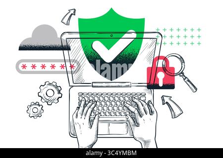 Cybersecurity, data protection, privacy, secure login, and online safety concept. Human hands on laptop with shield, lock, and password. Vector hand d Illustration de Vecteur