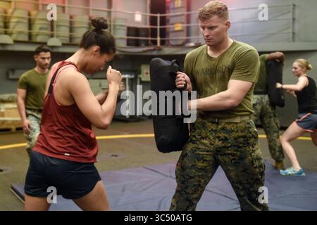 29 novembre 2019 - mer de Chine méridionale - MER DE CHINE MÉRIDIONALE (29 novembre 2019) technicien en électronique aéronautique de 1re classe Jamie Wolfe, du comté d'Orange, Californie, pratique les techniques d'autodéfense enseignées par les instructeurs d'arts martiaux du corps des Marines, du 2e Bataillon du 2e Régiment des Marines, actuellement affecté à la 3e Division des Marines, à bord du quai de la classe Whidbey Island USS Germantown (LSD 42). Germantown, qui fait partie du commandant de l'escadron amphibie 11, est déployée dans la région Indo-Pacifique pour améliorer l'interopérabilité avec ses partenaires et servir de force d'intervention pour tout type Banque D'Images