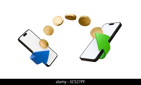 Transfert d'argent sur smartphones sur fond blanc. Concept d'envoi et de réception d'argent. Pièces de monnaie se déplaçant d'un téléphone portable à l'autre maquette. Banque D'Images