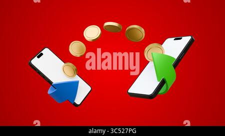 Transfert d'argent sur smartphones sur fond rouge. Concept d'envoi et de réception d'argent. Pièces de monnaie se déplaçant d'un téléphone portable à l'autre maquette. Banque D'Images