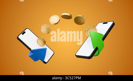 Transfert d'argent sur smartphones sur fond jaune. Concept d'envoi et de réception d'argent. Pièces de monnaie se déplaçant d'un téléphone portable à l'autre maquette. Banque D'Images