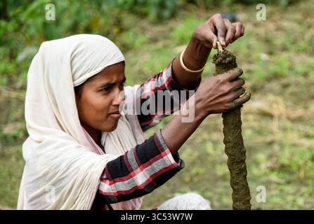 19 décembre 2019, Guwahati, Assam, Inde : une femme fabrique des bâtons de feu de bouse de vache et les met à sécher au soleil. (Crédit image : © David Talukdar/ZUMA Wire/ZUMAPRESS.com) Banque D'Images