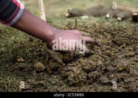 19 décembre 2019, Guwahati, Assam, Inde : une femme fabrique des bâtons de feu de bouse de vache et les met à sécher au soleil. (Crédit image : © David Talukdar/ZUMA Wire/ZUMAPRESS.com) Banque D'Images