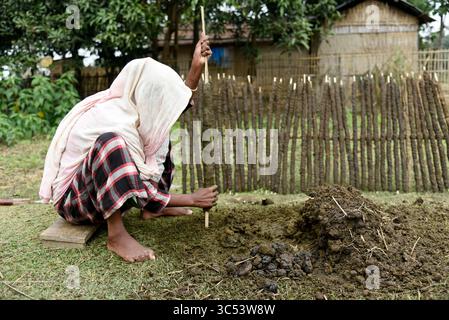 19 décembre 2019, Guwahati, Assam, Inde : une femme fabrique des bâtons de feu de bouse de vache et les met à sécher au soleil. (Crédit image : © David Talukdar/ZUMA Wire/ZUMAPRESS.com) Banque D'Images