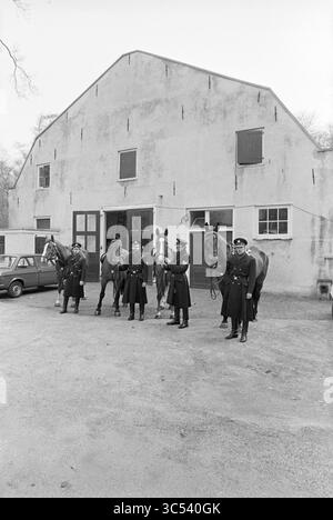École d'équitation de police Wagenweg., École d'équitation, police, Haarlem, Wagenweg, pays-Bas, 18-03-1980 Whizgle News, Dutch Desk, pays-Bas, 1950-2000 Un groupe de six officiers montés en uniforme se tient fièrement à côté de leurs chevaux à l'extérieur d'une écurie, avec une voiture d'époque garée à proximité et une immense grange à l'arrière-plan. Banque D'Images