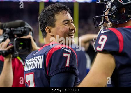 4 janvier 2020 : Ka'imi Fairbairn (7 ans), kicker des Texans de Houston, sourit après un match de playoff de la NFL entre les Bills de Buffalo et les Texans de Houston au NRG Stadium de Houston, Texas. Les Texans ont gagné 22 à 19 en prolongation...Trask Smith/CSM(Credit image : &copy ; Trask Smith/CSM via ZUMA Wire) Banque D'Images