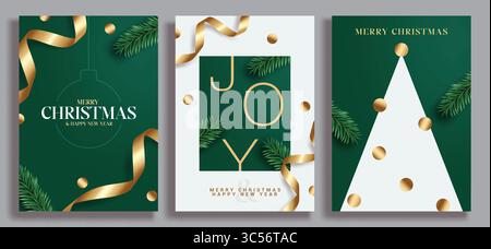 Joyeux Noël carte poster clipart set. Joyeux Noël voeux élégants et vacances clip art avec ruban or et décoration de sapin Illustration de Vecteur