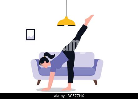 Femme pratiquant le yoga pose à la maison illustration vectorielle. Illustration de Vecteur