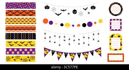 Ensemble de galrands d'halloween, étiquettes, autocollants et rubans washi. Éléments colorés de célébration Illustration de Vecteur