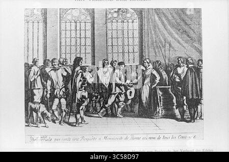 Photo de gravure du livre. Titre gravure : le Pacte des nobles. Montre les gens dans une grande salle, avec le personnage principal offrant quelque chose respectueusement à une dame noble. Texte sous gravure : 'Brederode présente une demande pour Margriete de Parme aù nom de tous les Coniúrez' Whizgle News, Dutch Desk, pays-Bas, 1950-2000 scène historique représentant un rassemblement formel, où une figure au centre présente une demande à un groupe d'individus élégamment habillés. L’atmosphère suggère un moment important de diplomatie ou de cérémonie, avec une attention attirée sur les interactions entre les participants Banque D'Images