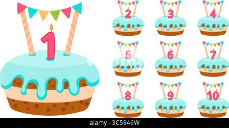 ensemble de cupcakes d'anniversaire avec des bougies colorées en forme de numéros 0 à 9, parfait pour les célébrations festives. Illustration de Vecteur