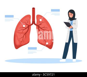 Concept du pneumologue. Médecin islamique à la recherche d'une transplantation pulmonaire. Chirurgien d'organe interne. Illustration vectorielle plate Illustration de Vecteur