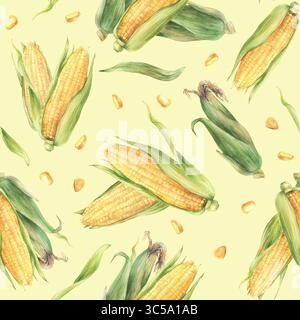 Motif sans couture d'aquarelle de légumes de maïs. Épi de maïs coupé et entier avec noyau d'épis de maïs, enveloppes. Motif tissu végétal. Illustration dessinée à la main pour Banque D'Images