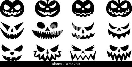Une grille de douze visages de citrouille d'Halloween dessinés à la main en noir et blanc et des dessins effrayants Jack o lanterne aux expressions variées. Illustration de Vecteur