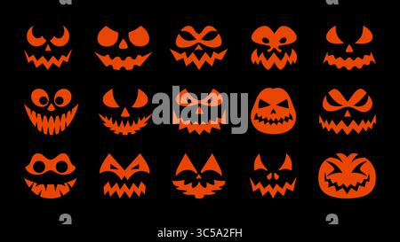 Un quadrillage de quinze citrouilles sculptées distinctes et brillantes, chacune affichant un visage unique et menaçant pour Halloween Jack-o'-lanterne sur un dos sombre Illustration de Vecteur