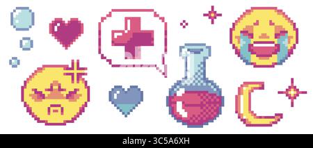 Émoticônes Pixel art y2k - bulles bleues, cœur rose, croix médicale dans la bulle de parole, visages jaunes en colère et pleurant, symbole d'amour, flacon de chimie avec potion, étincelles pour interface numérique rétro. Illustration de Vecteur