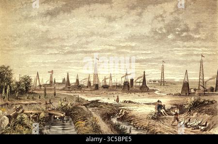 Les sources pétrolières d'Oelheim, près de peine, après 1882. Extraction de pétrole avec pompes, Allemagne, historique, reproduction restaurée numériquement à partir d'un original du XIXe siècle. Date d'enregistrement non indiquée. Banque D'Images