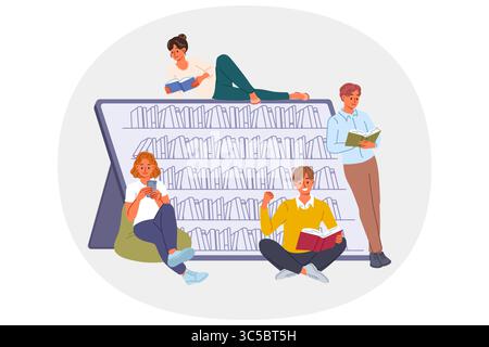 Les étudiants qui visitent la bibliothèque électronique lisent des livres en utilisant des gadgets et des applications avec de la littérature numérique Illustration de Vecteur