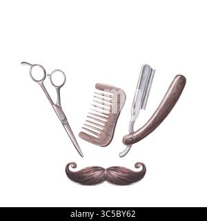 Moustache en guidon, ciseaux vintage, peigne et rasoir droit, espace pour le texte. Clipart dessiné à la main isolé sur fond blanc pour la conception de barbershop Banque D'Images